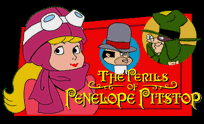 An animated GIF of Penelope Pitstop, together with Clyde (leader of The Ant Hill Mob) and the Hooded Claw (the villain of the series)