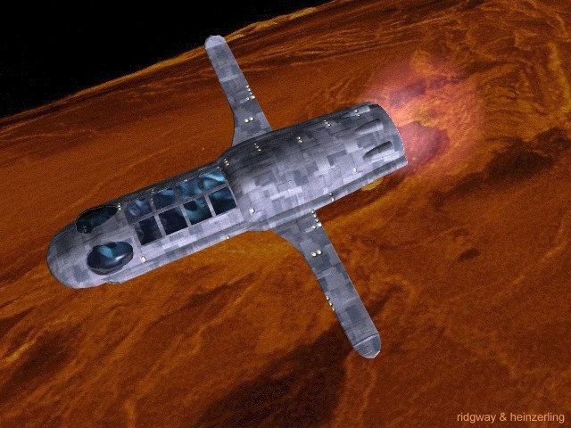 A 3-D computer-modelled image of Dan Dare's personal spaceship "Anastasia" flying over a Martian landscape