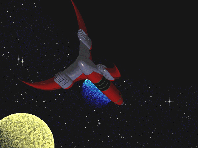 A 3-D computer-modelled image of Lero's ship approaching the dark star "Sabul" en-route from Earth to Cryptos, based on a frame from the 1955 story "The Man From Nowhere"